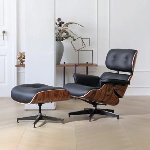 FAUTEUIL JAMES LOUNGE CHAIR EN CUIR ANILINE ET BOIS DE PALISSANDRE