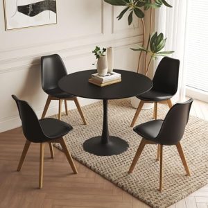 Ø80 cm / Table ronde Ø80 en quartz artificiel avec pied tulipe noire