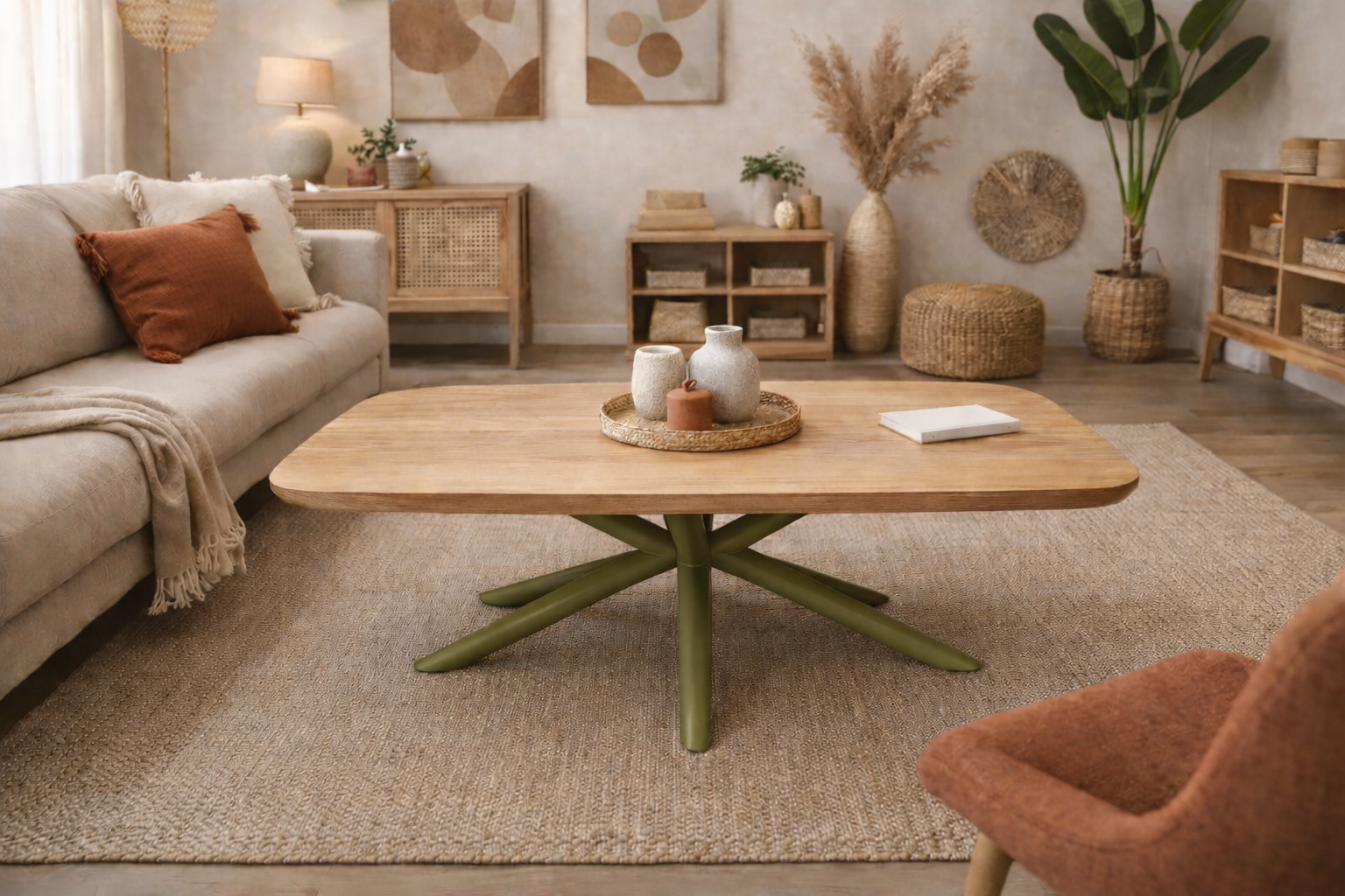 TABLE BASSE BOIS PIEDS METAL COULEUR VERT