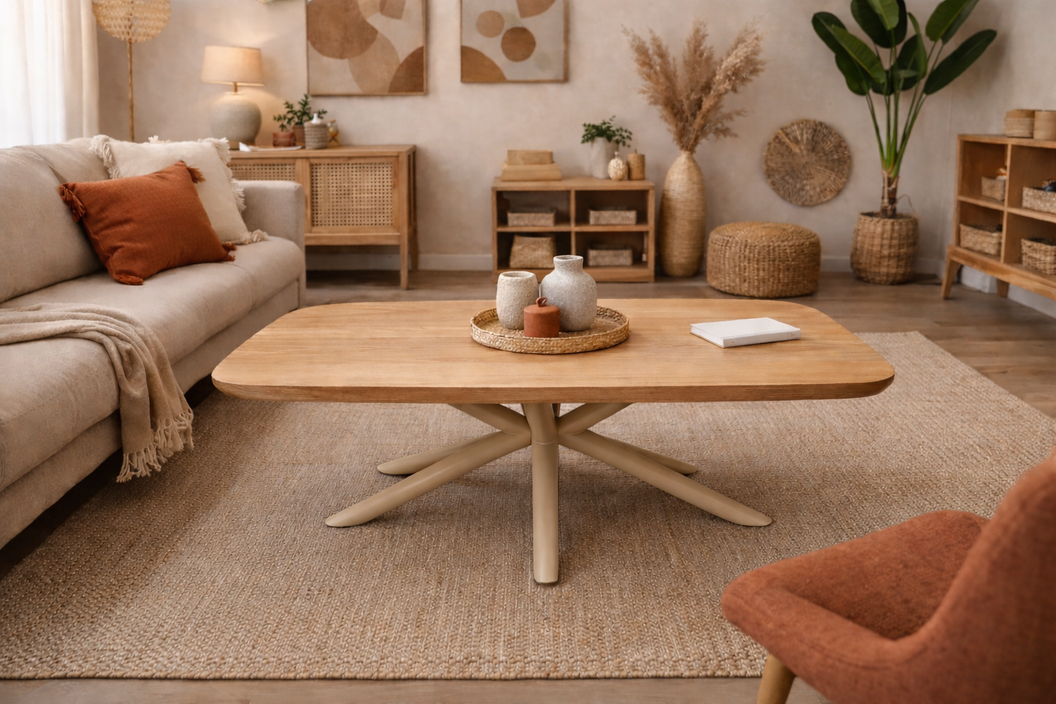 TABLE BASSE BOIS PIEDS METAL COULEUR BEIGE
