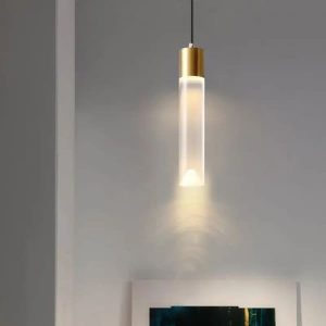 Suspension LED contemporaine cylindrique en cristal acrylique et finition dorée (H280)